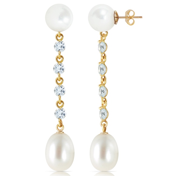 14K Gold CHANDELIERS EARRINGS  AQUAMARINE & PEARLS